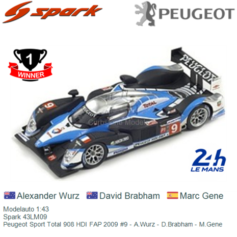 Modelauto 1:43 | Spark 43LM09 | Peugeot Sport Total 908 HDI FAP 2009 #9 - A.Wurz - D.Brabham - M.Gene