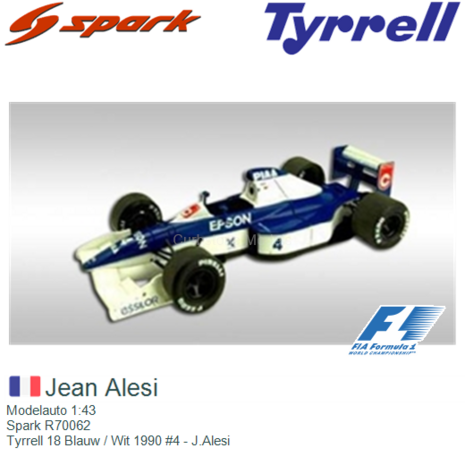 Modelauto 1:43 | Spark R70062 | Tyrrell 18 Blauw / Wit 1990 #4 - J.Alesi