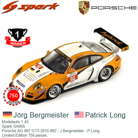 Modelauto 1:43 | Spark SA005 | Porsche AG 997 GT3 2010 #92 - J.Bergmeister - P.Long