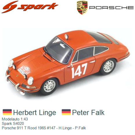 Modelauto 1:43 | Spark S4020 | Porsche 911 T Rood 1965 #147 - H.Linge - P.Falk