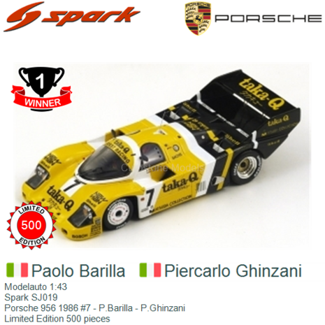 Modelauto 1:43 | Spark SJ019 | Porsche 956 1986 #7 - P.Barilla - P.Ghinzani