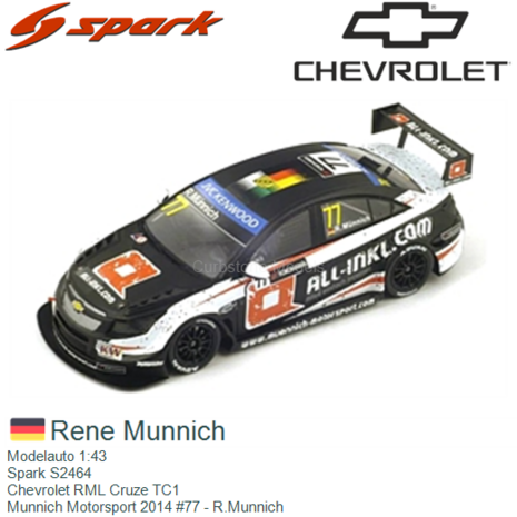 Modelauto 1:43 | Spark S2464 | Chevrolet RML Cruze TC1 | Munnich Motorsport 2014 #77 - R.Munnich