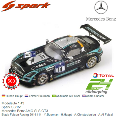 Modelauto 1:43 | Spark SG151 | Mercedes Benz AMG SLS GT3 | Black Falcon Racing 2014 #14 - Y.Buurman - H.Haupt - A.Christodoulou