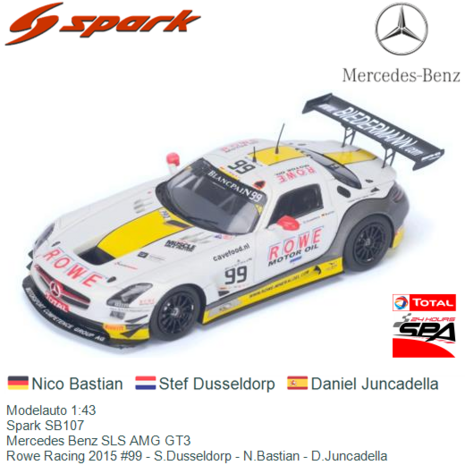 Modelauto 1:43 | Spark SB107 | Mercedes Benz SLS AMG GT3 | Rowe Racing 2015 #99 - S.Dusseldorp - N.Bastian - D.Juncadella