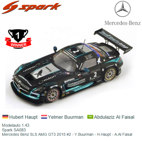 Modelauto 1:43 | Spark SA083 | Mercedes Benz SLS AMG GT3 2015 #2 - Y.Buurman - H.Haupt - A.Al Faisal