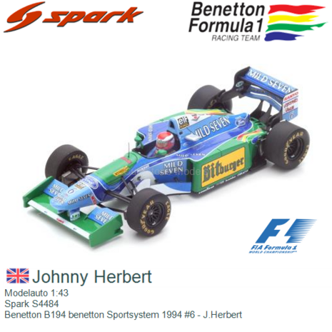 Modelauto 1:43 | Spark S4484 | Benetton B194 benetton Sportsystem 1994 #6 - J.Herbert