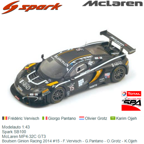 Modelauto 1:43 | Spark SB100 | McLaren MP4-32C GT3 | Boutsen Ginion Racing 2014 #15 - F.Vervisch - G.Pantano - O.Grotz - K.Ojje