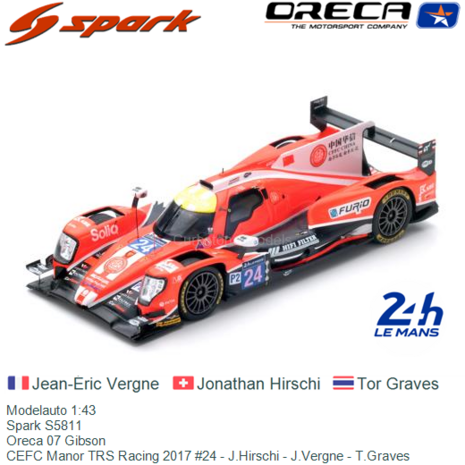 Modelauto 1:43 | Spark S5811 | Oreca 07 Gibson | CEFC Manor TRS Racing 2017 #24 - J.Hirschi - J.Vergne - T.Graves