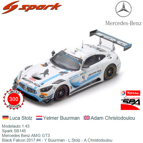 Modelauto 1:43 | Spark SB145 | Mercedes Benz AMG GT3 | Black Falcon 2017 #4 - Y.Buurman - L.Stolz - A.Christodoulou