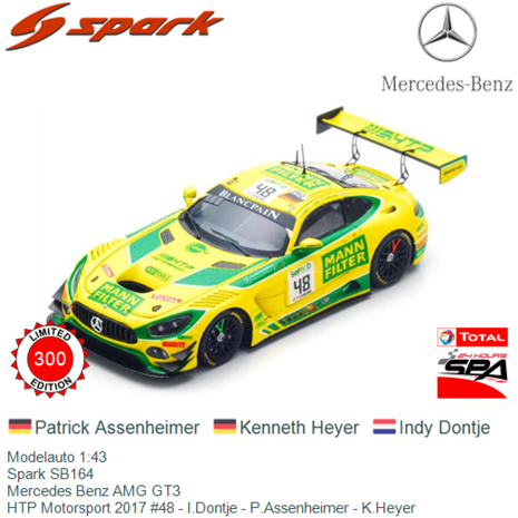 Modelauto 1:43 | Spark SB164 | Mercedes Benz AMG GT3 | HTP Motorsport 2017 #48 - I.Dontje - P.Assenheimer - K.Heyer