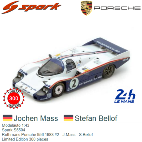 Modelauto 1:43 | Spark S5504 | Rothmans Porsche 956 1983 #2 - J.Mass - S.Bellof