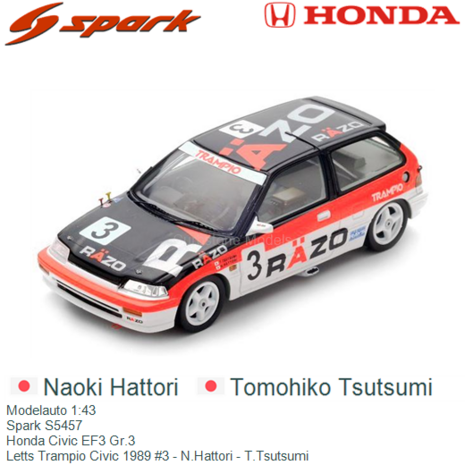 Modelauto 1:43 | Spark S5457 | Honda Civic EF3 Gr.3 | Letts Trampio Civic 1989 #3 - N.Hattori - T.Tsutsumi