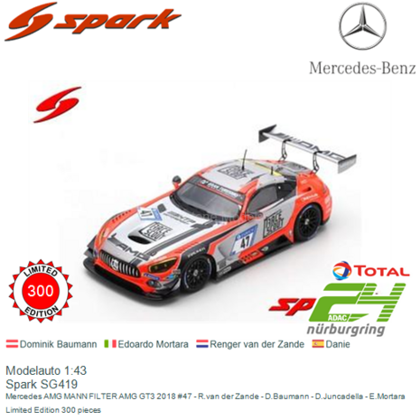 Modelauto 1:43 | Spark SG419 | Mercedes AMG MANN FILTER AMG GT3 2018 #47 - R.van der Zande - D.Baumann - D.Juncadella - E.Morta