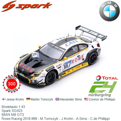 Modelauto 1:43 | Spark SG423 | BMW M8 GT3 | Rowe Racing 2018 #99 - M.Tomczyk - J.Krohn - A.Sims - C.de Phillippi