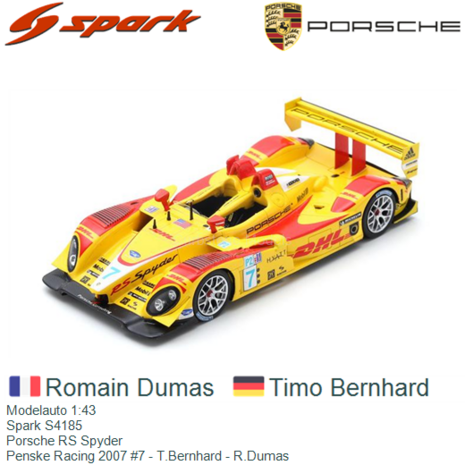 Modelauto 1:43 | Spark S4185 | Porsche RS Spyder | Penske Racing 2007 #7 - T.Bernhard - R.Dumas