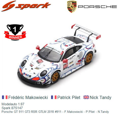 Modelauto 1:87 | Spark 87S147 | Porsche GT 911 GT3 RSR GTLM 2018 #911 - F.Makowiecki - P.Pilet - N.Tandy