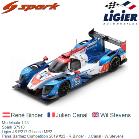 Modelauto 1:43 | Spark S7910 | Ligier JS P217 Gibson LMP2 | Panis Barthez Competition 2019 #23 - R.Binder - J.Canal - W.Stevens