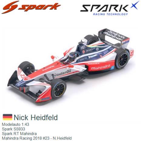 Modelauto 1:43 | Spark S5933 | Spark RT Mahindra | Mahindra Racing 2018 #23 - N.Heidfeld