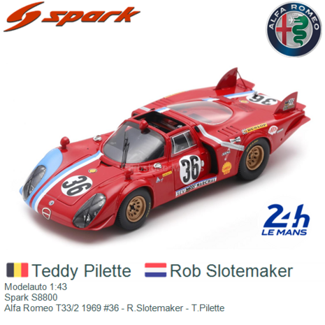 Modelauto 1:43 | Spark S8800 | Alfa Romeo T33/2 1969 #36 - R.Slotemaker - T.Pilette