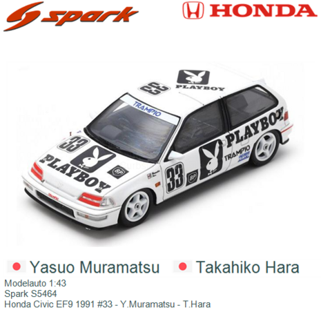 Modelauto 1:43 | Spark S5464 | Honda Civic EF9 1991 #33 - Y.Muramatsu - T.Hara