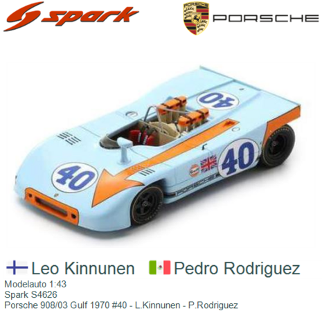 Modelauto 1:43 | Spark S4626 | Porsche 908/03 Gulf 1970 #40 - L.Kinnunen - P.Rodriguez