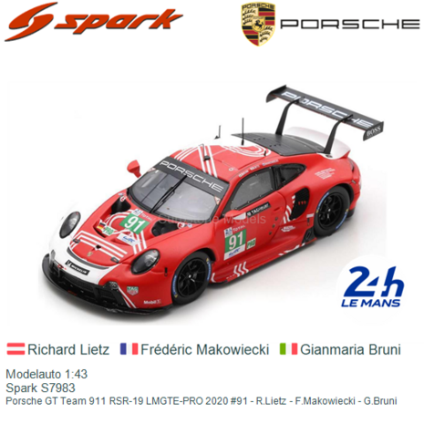 Modelauto 1:43 | Spark S7983 | Porsche GT Team 911 RSR-19 LMGTE-PRO 2020 #91 - R.Lietz - F.Makowiecki - G.Bruni