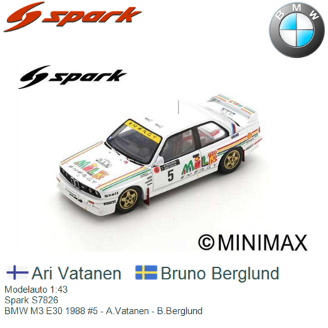 Modelauto 1:43 | Spark S7826 | BMW M3 E30 1988 #5 - A.Vatanen - B.Berglund