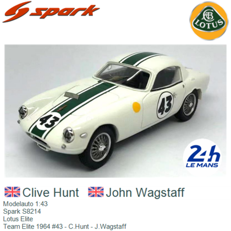 Modelauto 1:43 | Spark S8214 | Lotus Elite | Team Elite 1964 #43 - C.Hunt - J.Wagstaff