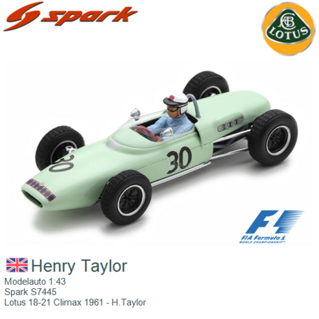 Modelauto 1:43 | Spark S7445 | Lotus 18-21 Climax 1961 - H.Taylor