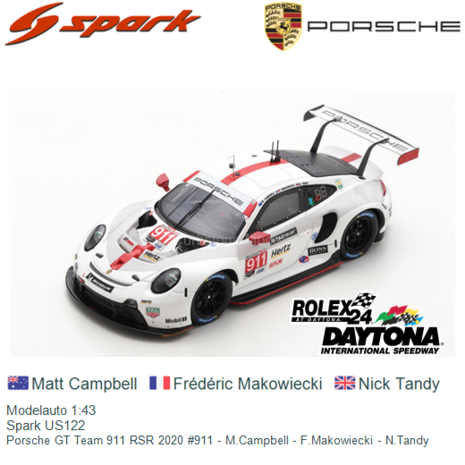 Modelauto 1:43 | Spark US122 | Porsche GT Team 911 RSR 2020 #911 - M.Campbell - F.Makowiecki - N.Tandy