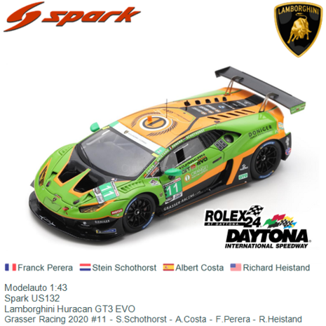 Modelauto 1:43 | Spark US132 | Lamborghini Huracan GT3 EVO | Grasser Racing 2020 #11 - S.Schothorst - A.Costa - F.Perera - R.He