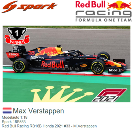 Modelauto 1:18 | Spark 18S583 | Red Bull Racing RB16B Honda 2021 #33 - M.Verstappen