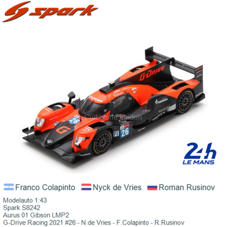 Modelauto 1:43 | Spark S8242 | Aurus 01 Gibson LMP2 | G-Drive Racing 2021 #26 - N.de Vries - F.Colapinto - R.Rusinov