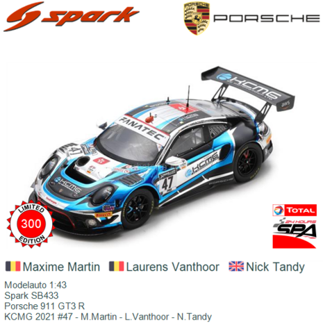 Modelauto 1:43 | Spark SB433 | Porsche 911 GT3 R | KCMG 2021 #47 - M.Martin - L.Vanthoor - N.Tandy