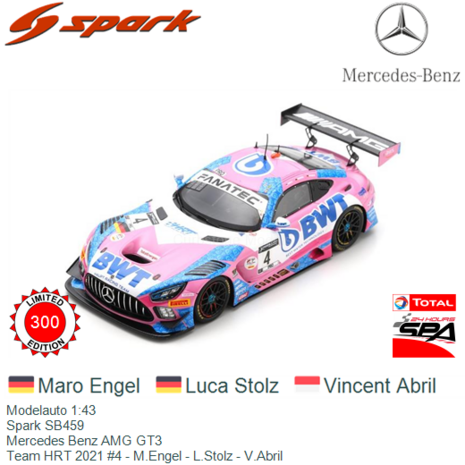 Modelauto 1:43 | Spark SB459 | Mercedes Benz AMG GT3 | Team HRT 2021 #4 - M.Engel - L.Stolz - V.Abril