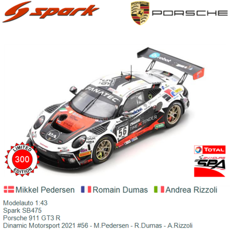 Modelauto 1:43 | Spark SB475 | Porsche 911 GT3 R | Dinamic Motorsport 2021 #56 - M.Pedersen - R.Dumas - A.Rizzoli