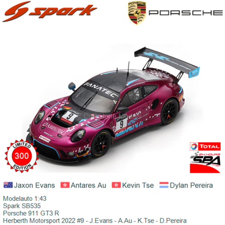 Modelauto 1:43 | Spark SB535 | Porsche 911 GT3 R | Herberth Motorsport 2022 #9 - J.Evans - A.Au - K.Tse - D.Pereira