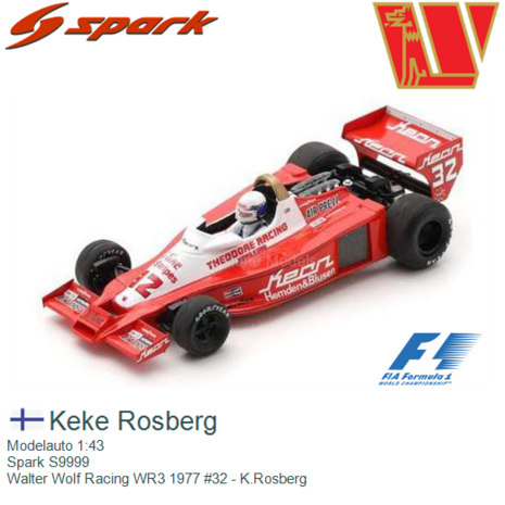 Modelauto 1:43 | Spark S9999 | Walter Wolf Racing WR3 1977 #32 - K.Rosberg