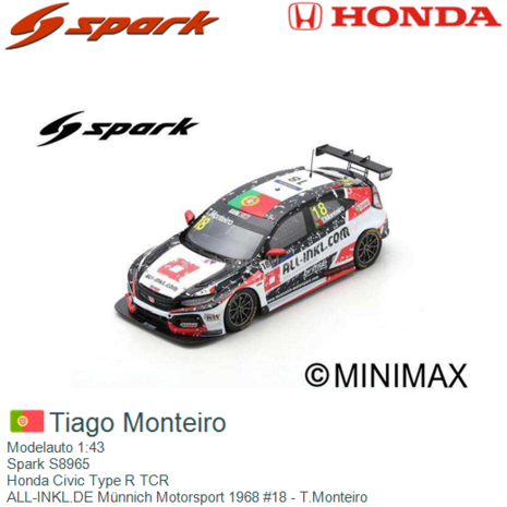 Modelauto 1:43 | Spark S8965 | Honda Civic Type R TCR | ALL-INKL.DE Münnich Motorsport 1968 #18 - T.Monteiro