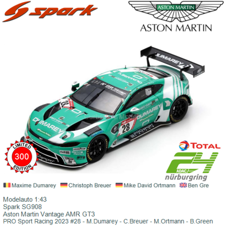 Modelauto 1:43 | Spark SG908 | Aston Martin Vantage AMR GT3 | PRO Sport Racing 2023 #28 - M.Dumarey - C.Breuer - M.Ortmann - B.