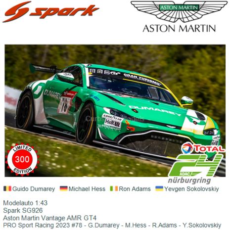 Modelauto 1:43 | Spark SG926 | Aston Martin Vantage AMR GT4 | PRO Sport Racing 2023 #78 - G.Dumarey - M.Hess - R.Adams - Y.Soko