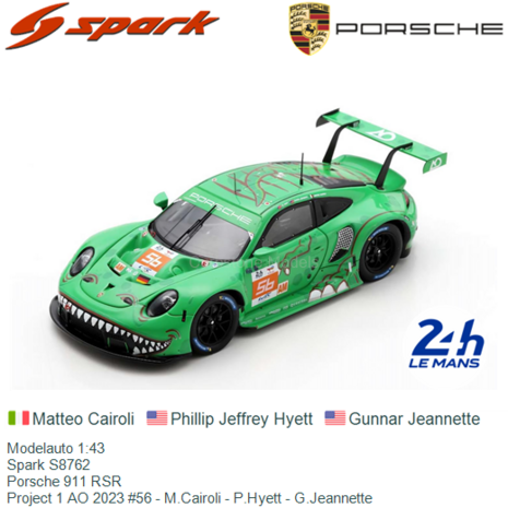 Modelauto 1:43 | Spark S8762 | Porsche 911 RSR | Project 1 AO 2023 #56 - M.Cairoli - P.Hyett - G.Jeannette