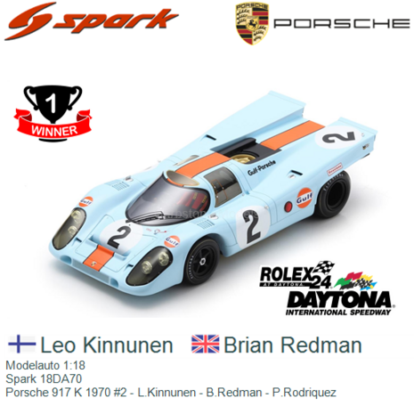 Modelauto 1:18 | Spark 18DA70 | Porsche 917 K 1970 #2 - L.Kinnunen - B.Redman - P.Rodriquez