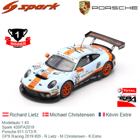 Modelauto 1:43 | Spark 43SPA2019 | Porsche 911 GT3 R | GPX Racing 2019 #20 - R.Lietz - M.Christensen - K.Estre