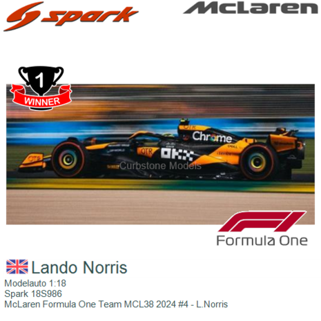 Modelauto 1:18 | Spark 18S986 | McLaren Formula One Team MCL38 2024 #4 - L.Norris