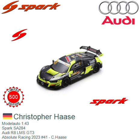 Modelauto 1:43 | Spark SA284 | Audi R8 LMS GT3 | Absolute Racing 2023 #41 - C.Haase