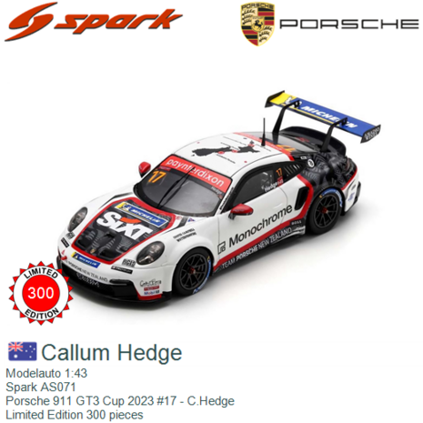 Modelauto 1:43 | Spark AS071 | Porsche 911 GT3 Cup 2023 #17 - C.Hedge