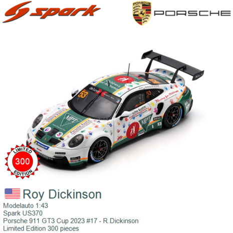 Modelauto 1:43 | Spark US370 | Porsche 911 GT3 Cup 2023 #17 - R.Dickinson