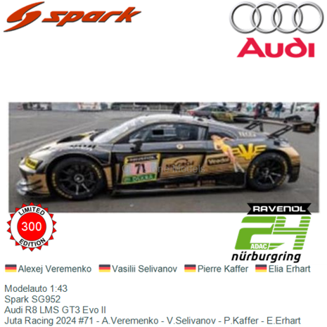 Modelauto 1:43 | Spark SG952 | Audi R8 LMS GT3 Evo II | Juta Racing 2024 #71 - A.Veremenko - V.Selivanov - P.Kaffer - E.Erhart