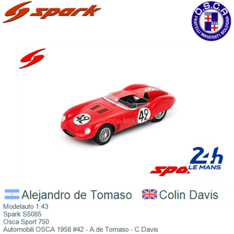 Modelauto 1:43 | Spark S5085 | Osca Sport 750 | Automobili OSCA 1958 #42 - A.de Tomaso - C.Davis